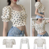 BOUND （in stock）Sweet Floral Lace Trim Square Neck Puff Sleeve Top Womens Korean Crop Top