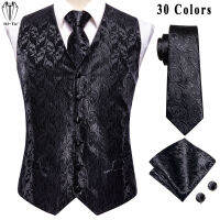 Hi-Tie Designer Jacquard ผ้าไหม Mens เสื้อกั๊กแขนกุดเอวเสื้อสีดำดอกไม้ Waistcoat คอ Tie Hanky Cufflinks ชุดสำหรับชาย