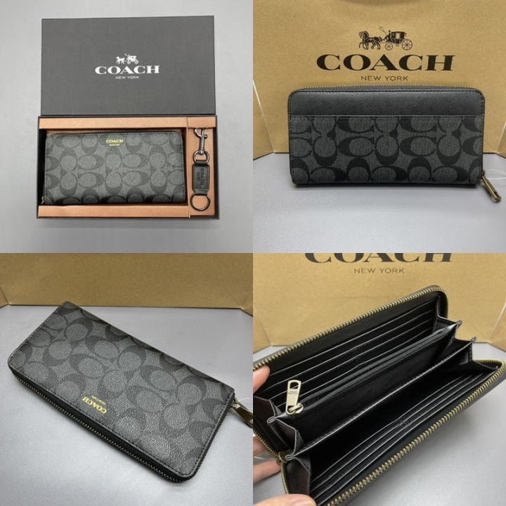 top-100-original-coach-new-mens-wallet-purse-long-wallet-zip-wallet-card-wallet-clutch-fold-over-wallet-with-keychain-mens-business-leisure-long-zipper-wallet-handbag