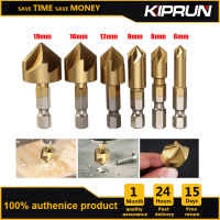 Set Mata Bor KIPRUN 6ชิ้น1/4 HSS ก้านหกเหลี่ยม5ขลุ่ย Countersink 90องศาคัตเตอร์ขูดลบมุมไม้6มม.-19มม