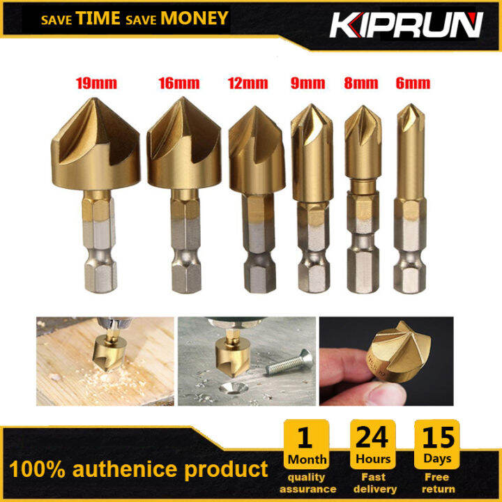 set-mata-bor-kiprun-6ชิ้น1-4-hss-ก้านหกเหลี่ยม5ขลุ่ย-countersink-90องศาคัตเตอร์ขูดลบมุมไม้6มม-19มม