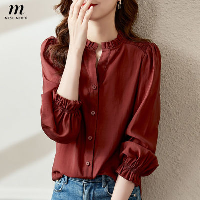 MISUMIXIU Red V-neck Shirt Women Ruffle 2022 New Autumn Fashion Temperament Chiffon Blouse Tops