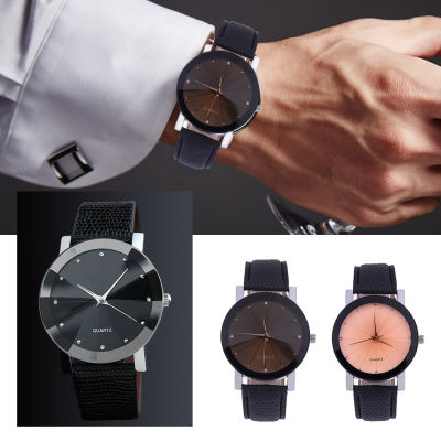 Rebrol นาฬิกาข้อมือคู่รัก,นาฬิกาควอทซ์สายหนังแบบเรียบง่ายหน้าปัดนาฬิกาข้อมือด้วยพลอยเทียม