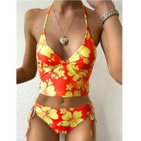 ♙ Swimwear Floral Print Women Suits Two Piece Sets Printed Beachwear Halter Bikini Set Lace up Push Up Tankini Swimsuits Women