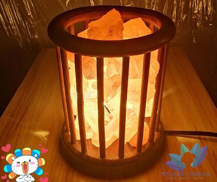 Authentic Himalayan Salt Lamp Wooden Vase Basket with natural crystal