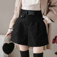 Autumn Winter Women Shorts High Waist Wide Leg Shorts Casual Black Gray Woolen Shorts With Belt Ladies Office Work Wear Clothes