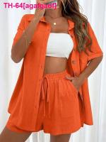 agafgadf Camisa de manga comprida feminina e conjunto short pernas grandes roupas sólidas femininas pijamas casuais linho verão เซ็กซี่ 2 ชิ้น