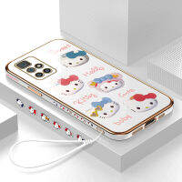 เคสโทรศัพท์สำหรับ Xiaomi MI Poco M3/Redmi 10ฟรีสายคล้อง + การ์ตูนน่ารัก Hello Kitty สำหรับสาวขอบสี่เหลี่ยมรูปแบบปลอกชุบเคสโทรศัพท์หรูหรานุ่มเคสโทรศัพท์