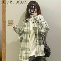 Ruo Bei Xuan เสื้อลำลองสไตล์ฝรั่งเศส,เสื้อเสื้อยึดขี้เกียจย้อนยุคแขนสีเขียวมินต์ยาวผู้หญิงเสื้อลายสก๊อตฤดูร้อน