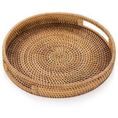 Round Rattan Woven Serving Tray with Handles Ottoman Tray for Breakfast, Drinks, Snack for Coffee Table, Home Decorative