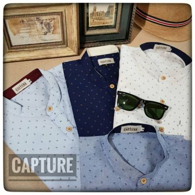 Capture Shirt เสื้อเชิ้ตผู้ชาย แขนสั้น คอจีน ผ้า oxford ลายสมอ มีถึงอก 48 นื่ว