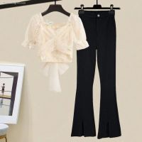 Summer suit for women 2023 new large size womens clothing temperament fashion slim short-sleeved high-waisted trousers two-piece trendy set