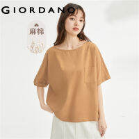 GIORDANO ผู้หญิง เสื้อเชิ้ตผ้าฝ้ายลินินธรรมชาติทอกระเป๋าคอเรือแขนบางหลวม Free Shipping 13343301