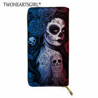 Twoheartsgirl Day of the Dead Sugar Skull Girls Women Wallet Travel Portable Gothic Purse Leather Long Purse Money Bag Clutch