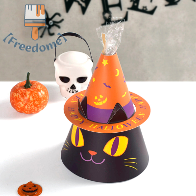【Freedome】 หมวกฮาโลวีน10ชิ้นกล่องขนมแมวกล่องคุกกี้ถุงของขวัญพร้อมถุง OPP อุปกรณ์ตกแต่งสำหรับงานปาร์ตี้ฮาโลวีน