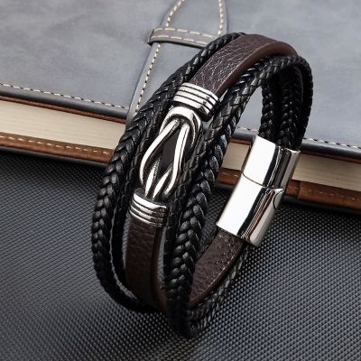 MingAo New Style Male Bracelet with Stainless Steel Beads Punk Braided Leather Bracelets Jewelry for Men 2023 Surprise Gift
