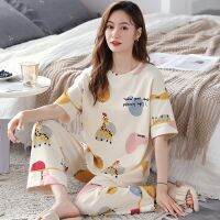 [Fun Nei Knitting] Pajamas Womens Summer Round Neck Pullover Cartoon Girl Half Sleeve Trousers Cotton Home Service Set pillows cases bathrobes