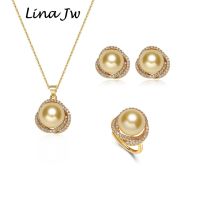 South Sea Shell Pearl Gold Jewelry for Women Sets Necklace Earrings Ring With Zircon Party Birthday Wedding Gift