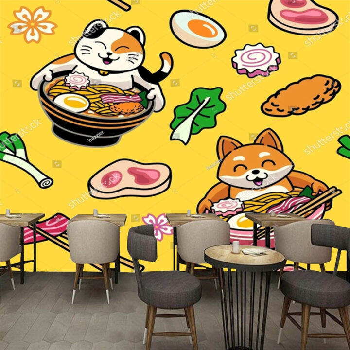 Custom Cute Anime Cartoon Cat Ramen 3d Photo Wallpaper for Ramen Shop ...
