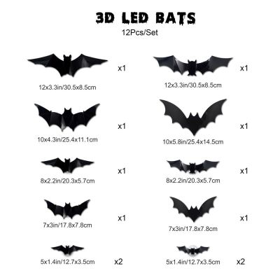 ของตกแต่งงานฮาโลวีนน่ากลัวของตกแต่งห้องฮาโลวีน12ชิ้น3D ไฟ LED สติ๊กเกอร์ติดผนัง DIY ค้างคาวสีดำของตกแต่งสำหรับห้องบาร์