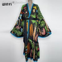 ▤⊕ jfmkfmdm WINYI-Vestido de quimono feminino com cinto automático encobrimentos biquíni impressão moda retrô roupas verão praia roupa banho