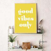 สีชมพูและสีเหลือง Good Vibes Only พิมพ์,Retro Dorm Wall Art โปสเตอร์,คำคมสร้างแรงบันดาลใจบนผ้าใบ,เหมาะสำหรับห้องนั่งเล่นตกแต่งบ้าน0919