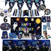 ▤ Outer space themed birthday party Disposable cutlery plates cup tablecloth Astronaut flag supplies Baby shower