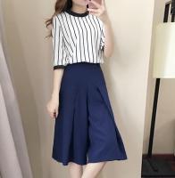 พร้อมส่งจากไทยZASHION เสื้อเซ็ท เสื้อคอกลม + กระโปรง Set of 2 Striped Top Chiffon + Blue Culotte