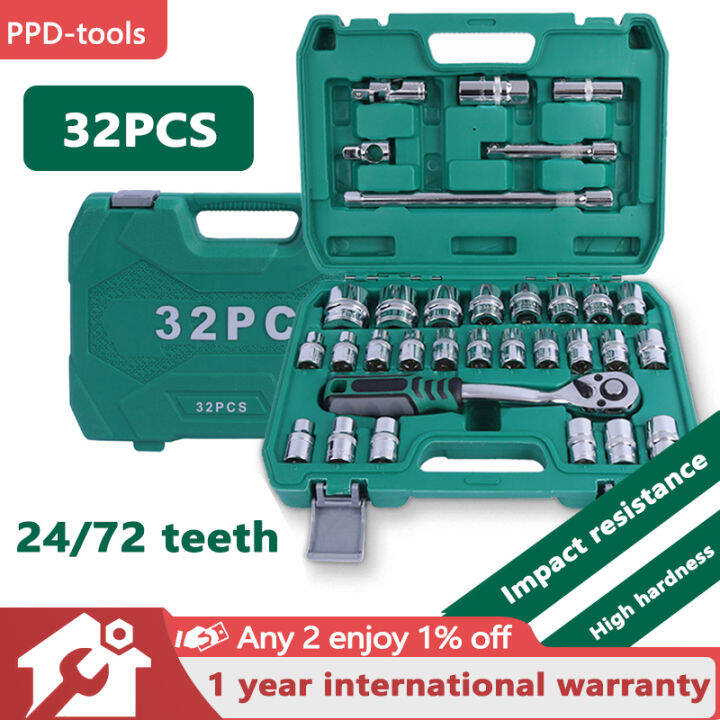 32pcs Tools Auto Repair Tool box Electric wrench socket Set Hexagon Plum Blossom Set Ratchet
