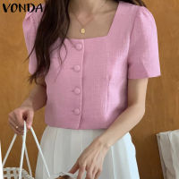 เสื้อเชิ้ตมีกระดุมแฟชั่นผู้หญิง VONDA OL แขนสั้นแบบเสื้อสตรีแขนยาวเปิดไหล่ (ดอกไม้เกาหลี)