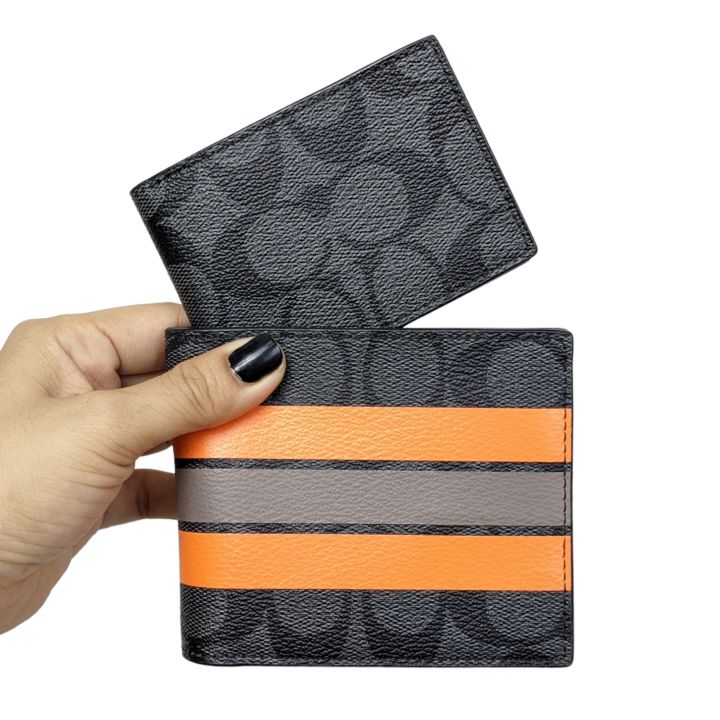 VÍ COACH F75426 CHARCOALS AND ORANGE VARSITY SIGNATURE ID WALLET 