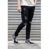 GanGdun【READY STOCK】Mens Skinny Stretch Denim Long Pants Distressed Ripped Slim Fit Jeans Trousers