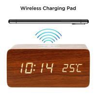 Alarm Clock LED Digital Wooden USB/AAA Powered Table Watch With Temperature Humidity Wireless Charging Electronic Desk Clocks