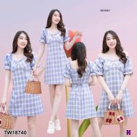 Mini dress แขนตุ๊กตาลายสกอต กระดุมหลอกด้านหน้า มีโบว์เส้นเล็กผูกเอว TT18740