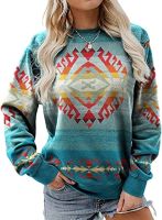 Womens Long Sleeve Shirts Western Aztec Print Sweatshirt Vintage Geometric Graphic Long Sleeve Printed Pullover Tops