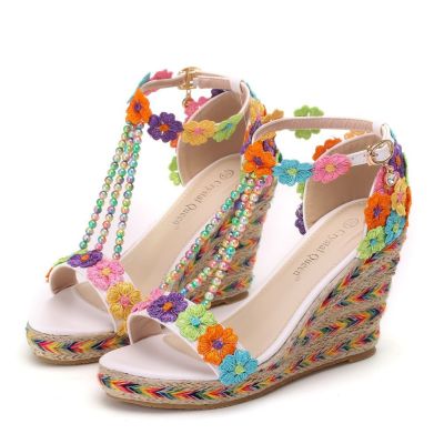 9 cm lace beaded sandals waterproof Taiwan rainbow wedges sandals size yard wedge sandals ethnic wind