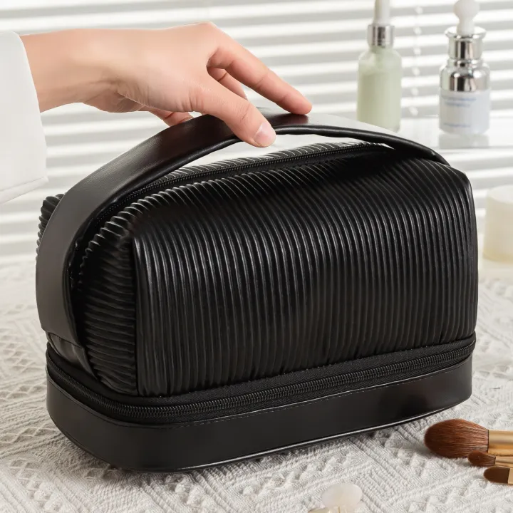 high-end-muji-butter-toast-cosmetic-bag-double-pressed-pleated-wash-bag-large-capacity-light-luxury-handbag-travel-portable-storage-bag