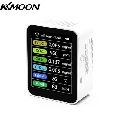 KKmoon Tuya WiFi แบบพกพาโฮมออฟฟิศในร่มสก์ท็อปเครื่องตรวจจับคุณภาพอากาศ6 In 1มัลติฟังก์ชั่ตรวจจับ TVOC CO2ก๊าซ CH2O อุณหภูมิความชื้นตรวจจับอัจฉริยะเชื่อมโยงโทรศัพท์มือถือ APP ระยะไกลดู