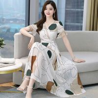 2023 Summer New Short-Sleeved Ice Silk Big Swing Skirt Japanese Style Korean Style Sweet Goddess Print Slim Waist Dress