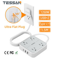 Type C Adapter Flat Plug Power Strip Socket with 1 USB C + 2 USB A , TESSAN 5 ft Ultra Thin Extension Cord with 3 USB USB C Charger(1 USB C Port), 4 Outlets Slim Desk Charging Station with Switch Compact for Travel, Cruise Ship, and Dorm Room Essentials