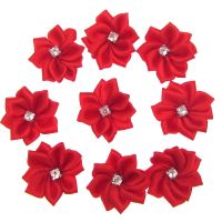 [HOT!] 40Pcs Red Small Satin Flowers Fabric Rhinestone Flowers Appliques Sewing Decoration Wedding Garment 2.8cm