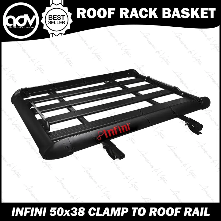 50x38 INIFINI Roof Rack Basket Black with Clamp to Roof Rail Crossbar
