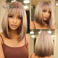 【DT】hot！ ALAN EATON Short Bob Synthetic Wigs with Bangs Ombre Blonde for Straight Wig Resistant Hair