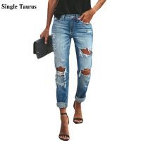 Womans Distressed Wash Vintage Jeans Mid Waist Straight Loosedenim Pants Streetwear Fashion Blue Moustache Effect Trousers 2021