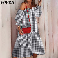 VONDA Womens Elegant เสื้อเชิ้ตลายสก๊อต R พิมพ์ Sundress Midi ชุดเดรสทูนิก (แฟชั่นตะวันตก)JH