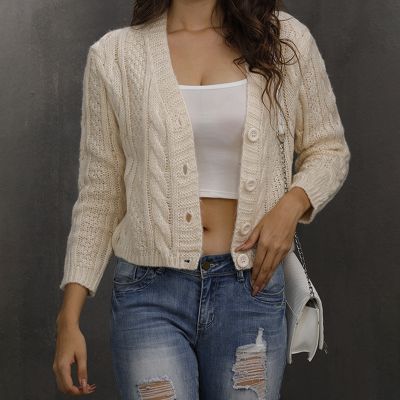 V-Neck Short Knitted Sweaters Women Cardigan Fashion Short Sleeve Protection Crop Top Ropa Cropped Cardigans White