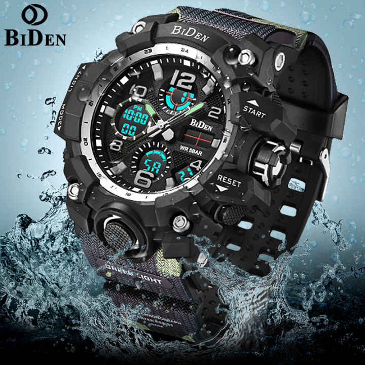 biden-นาฬิกาผู้ชายมัลติฟังก์ชันกันน้ำ-นาฬิกาแฟชั่นแบรนด์เนมนาฬิกาทหารลำลองมีจอคู่นาฬิกาปลุกปฏิทิน
