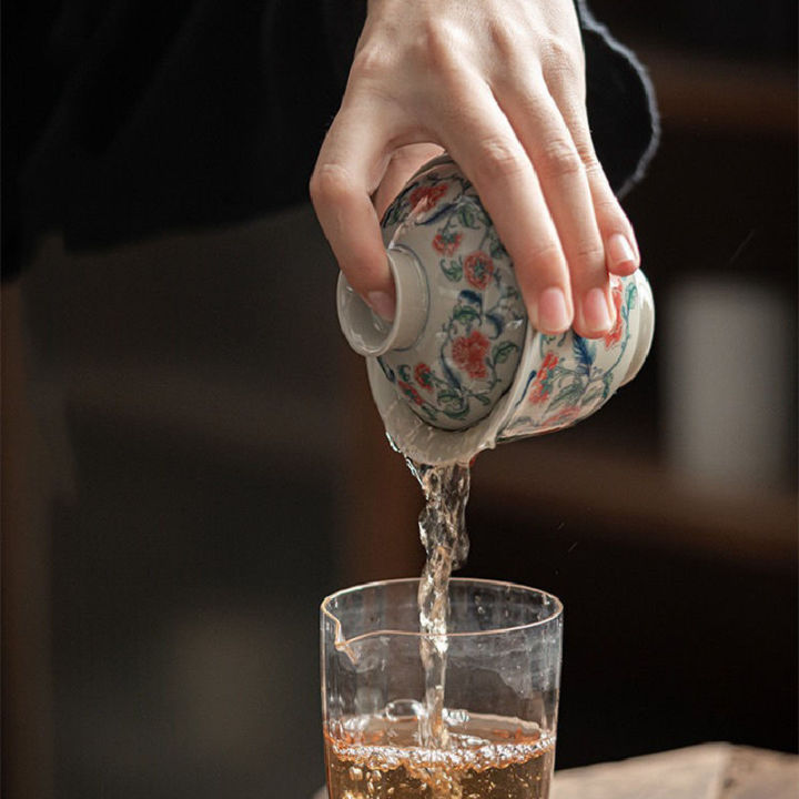 เก่าเครื่องปั้นดินเผาดิน-gaiwan-สไตล์จีนย้อนยุคสีฟ้าและสีขาวชาหม้ออบถ้วยชาเซรามิกสามระดับปกชามกังฟูชุดน้ำชา