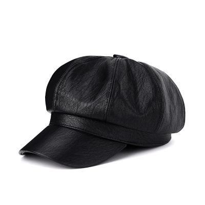 【YF】 Autumn Winter Hats for Women Solid Plain Octagonal Newsboy Cap Men Ladies Casual PU Leather Hat Beret Painter