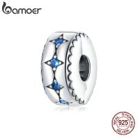 bamoer Round Star Bead 925 Sterling Silver Blue Zircon CZ Charm Clip Stopper for celet Bangle DIY Accessories BSC443